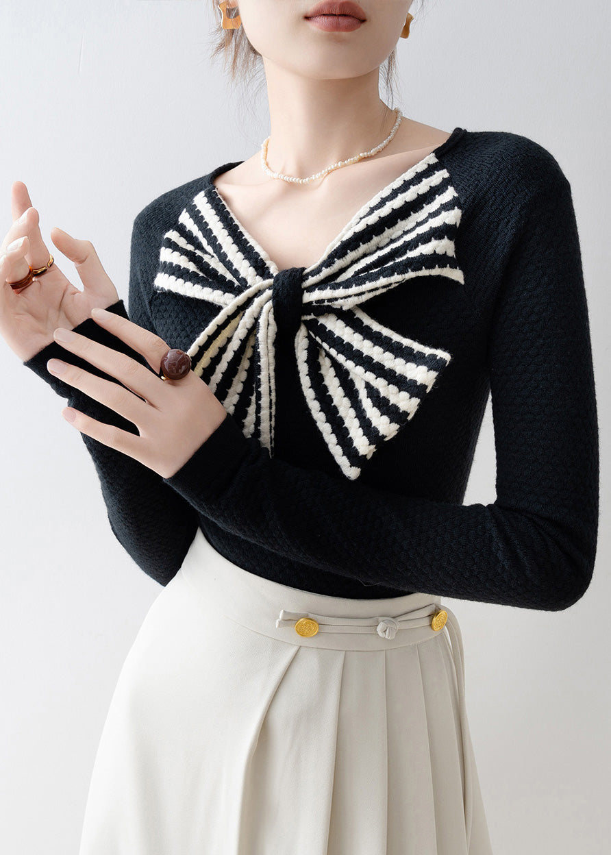 Boutique Black V Neck Bow Patchwork Knit Sweaters Spring