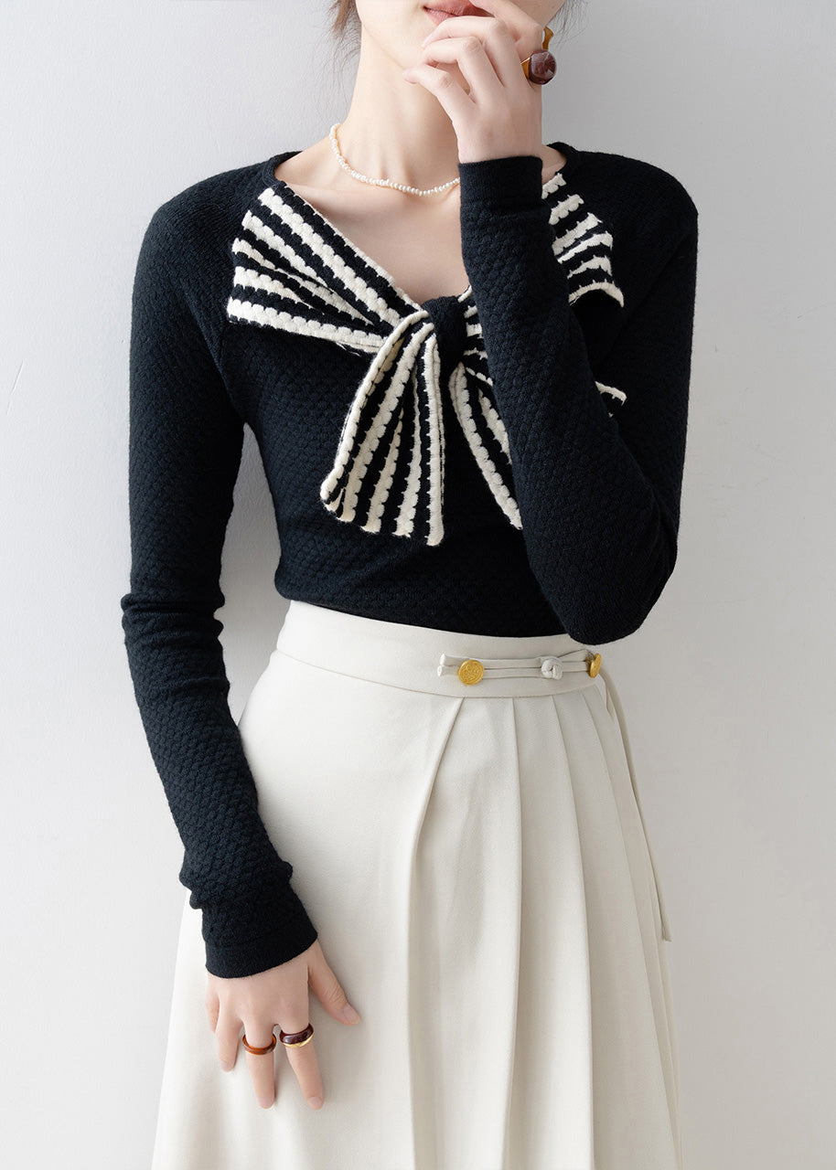 Boutique Black V Neck Bow Patchwork Knit Sweaters Spring