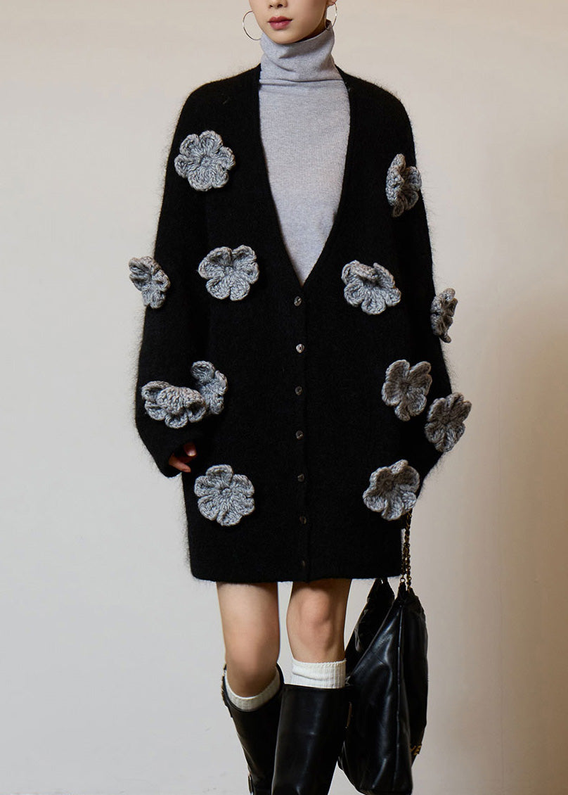 Boutique Black V Neck Floral Button Knit Cardigans Fall