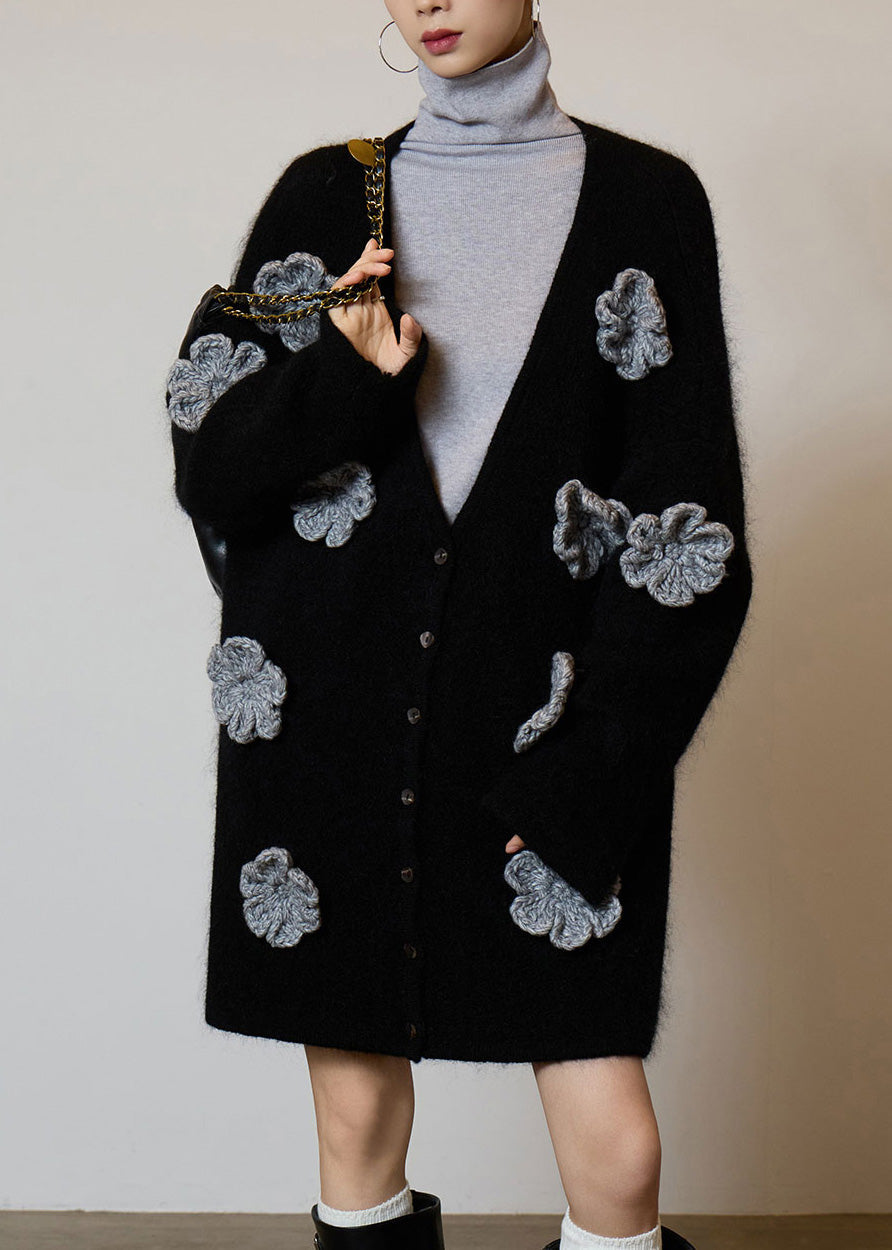 Boutique Black V Neck Floral Button Knit Cardigans Fall