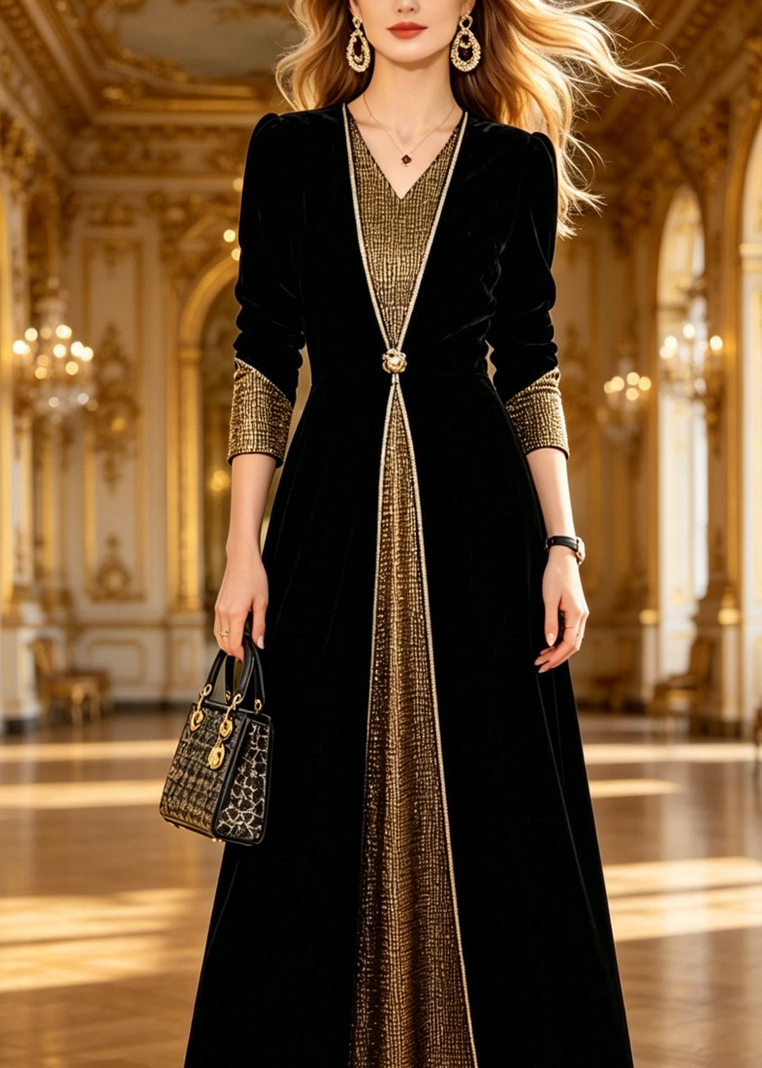 Boutique Black V Neck Patchwork Silk Velvet Long Dresses Spring