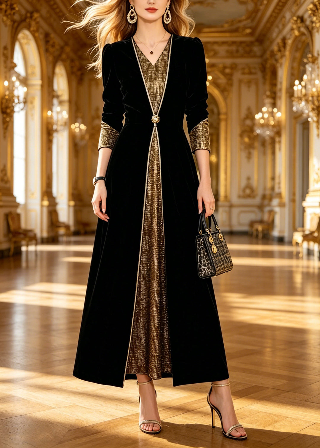Boutique Black V Neck Patchwork Silk Velvet Long Dresses Spring