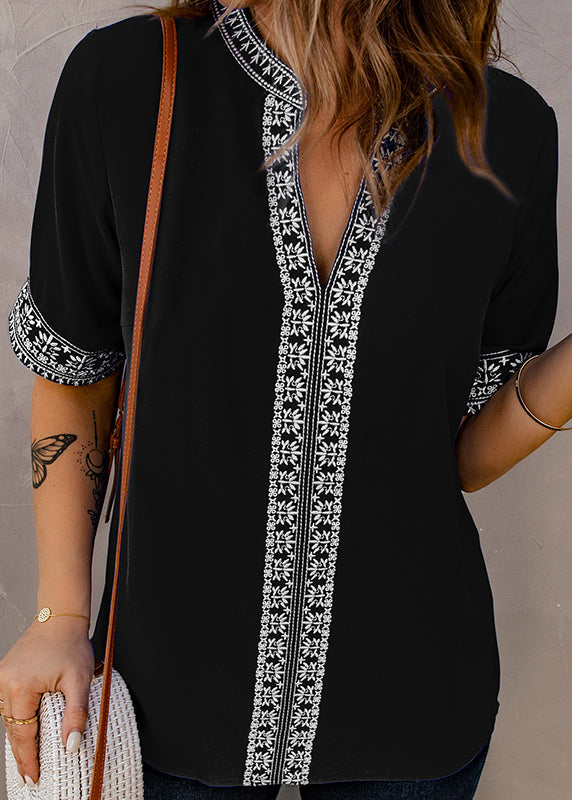 Boutique Black V Neck Patchwork Top Short Sleeve