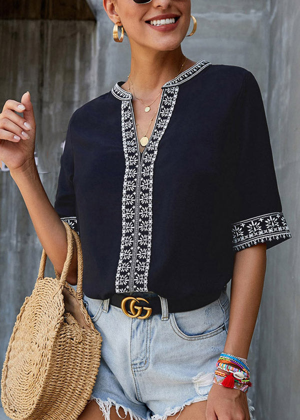 Boutique Black V Neck Patchwork Top Short Sleeve