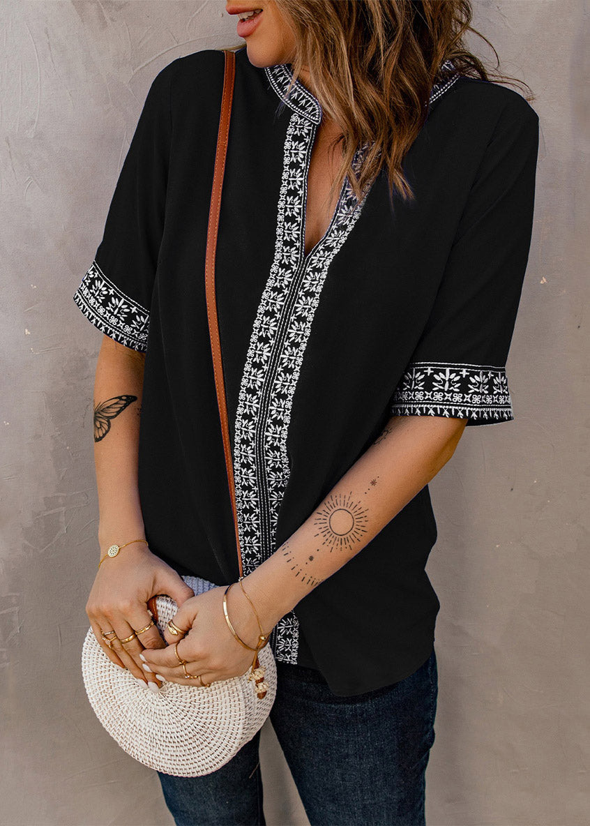 Boutique Black V Neck Patchwork Top Short Sleeve
