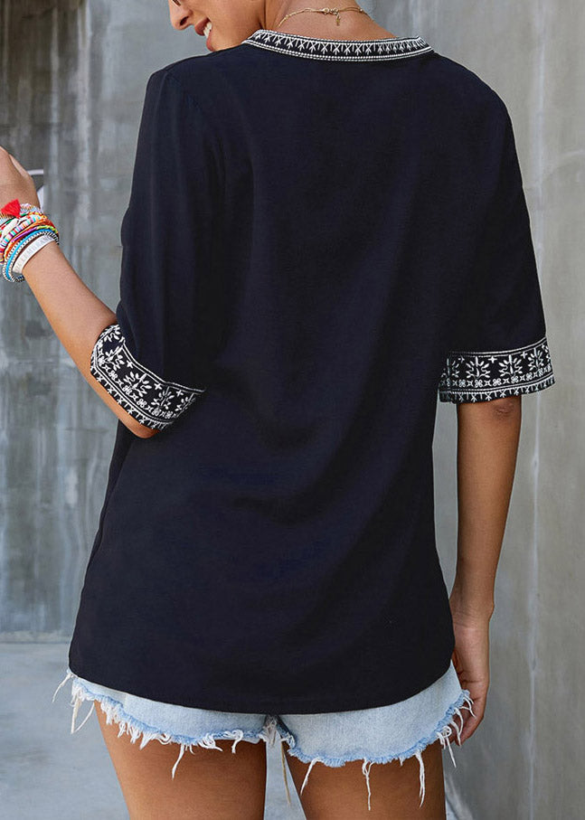 Boutique Black V Neck Patchwork Top Short Sleeve