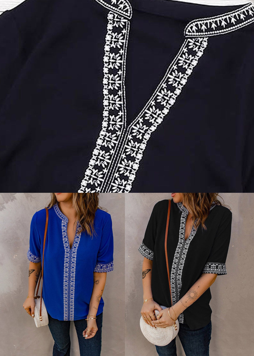Boutique Black V Neck Patchwork Top Short Sleeve