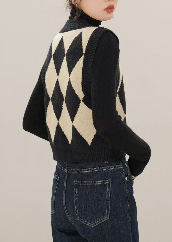 Boutique Black V Neck Plaid Knit Vest Cardigans Sleeveless