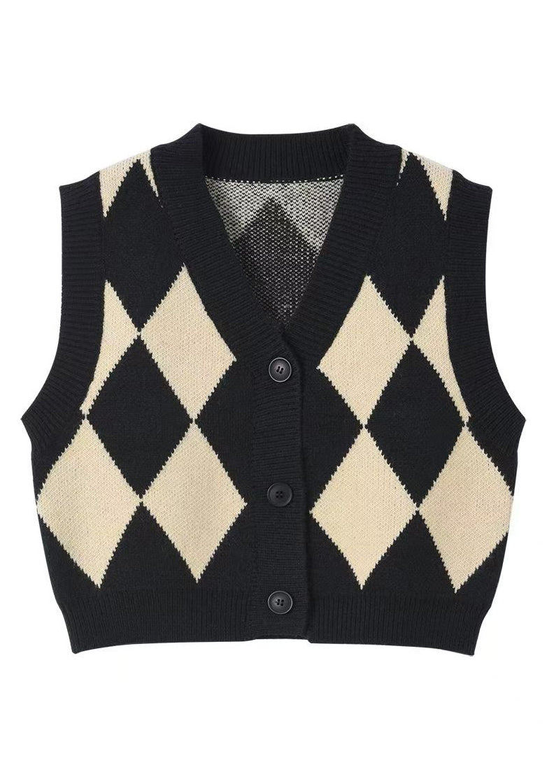 Boutique Black V Neck Plaid Knit Vest Cardigans Sleeveless