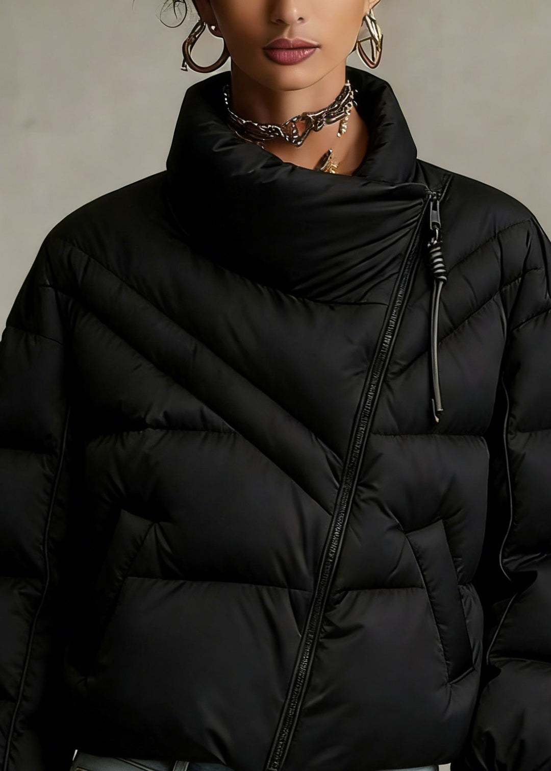 Boutique Black Zip Up Pockets Fine Cotton Filled Coat Winter