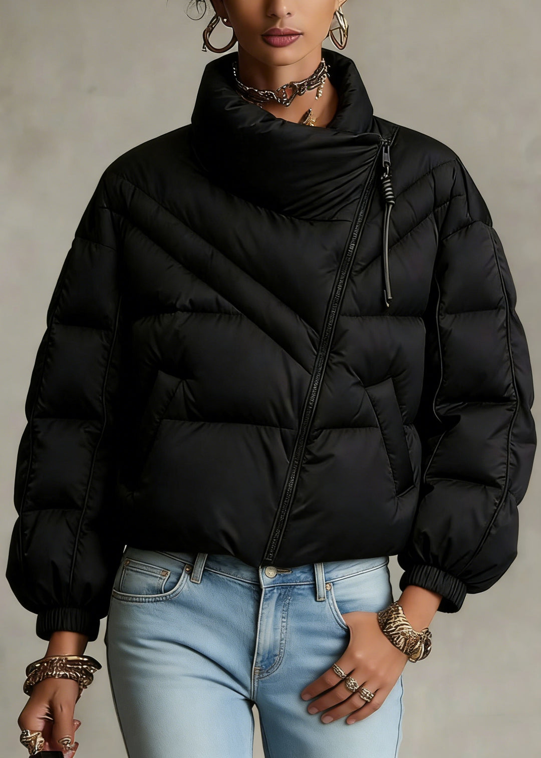 Boutique Black Zip Up Pockets Fine Cotton Filled Coat Winter