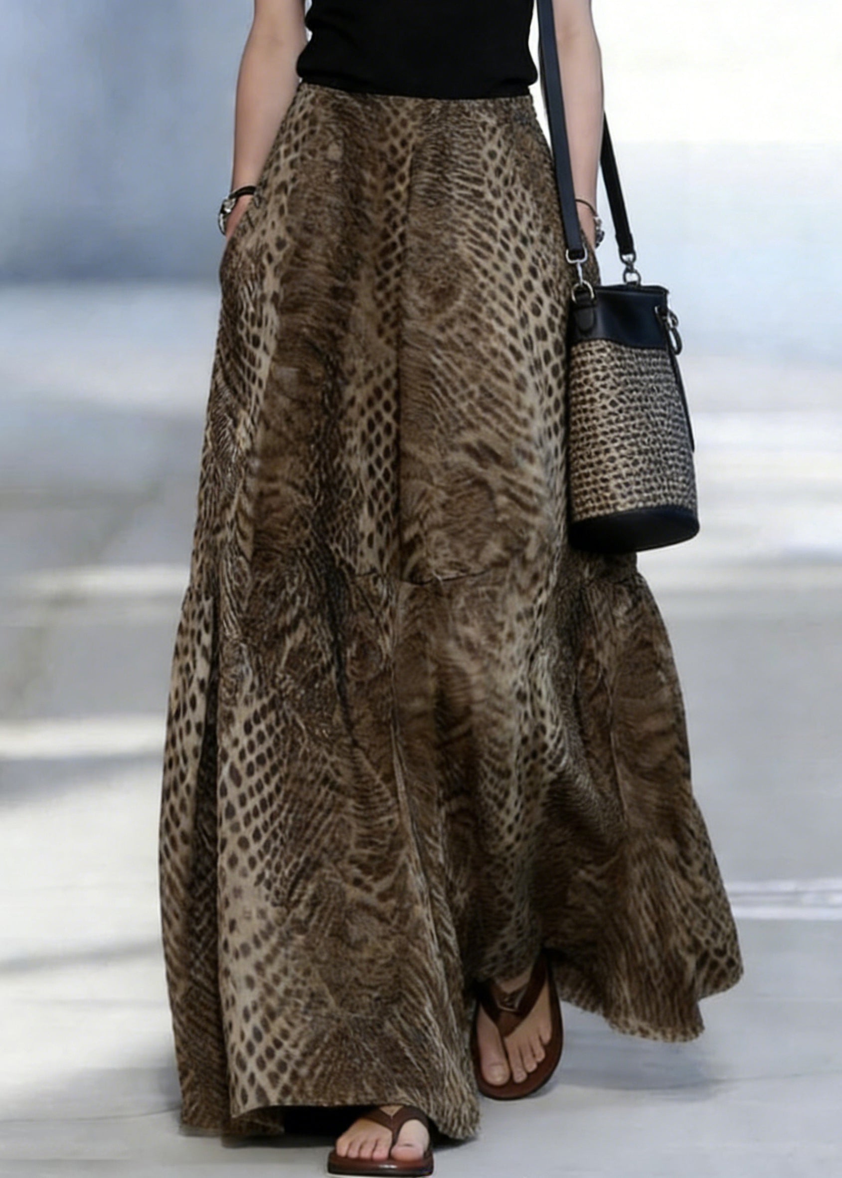 Boutique Blackish Green Print Pockets Maxi Skirts Spring - Omychic