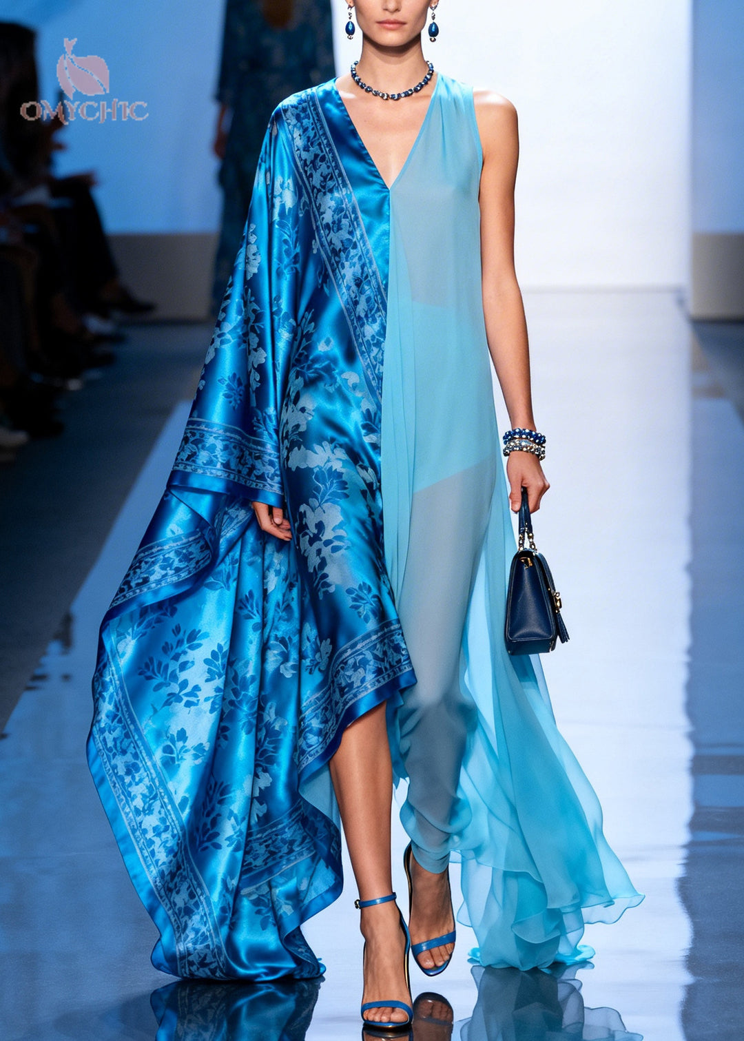Boutique Blue Asymmetrical Patchwork Exra Large Hem Silk Dresses Summer