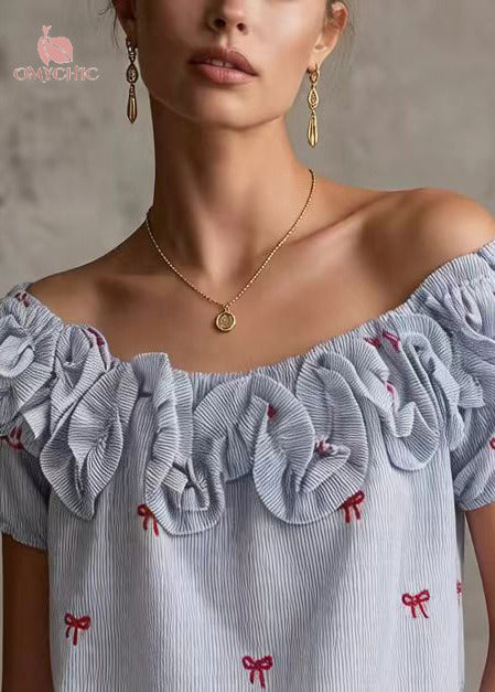 Boutique Blue Cold Shoulder Butterfly Cotton Tops Summer