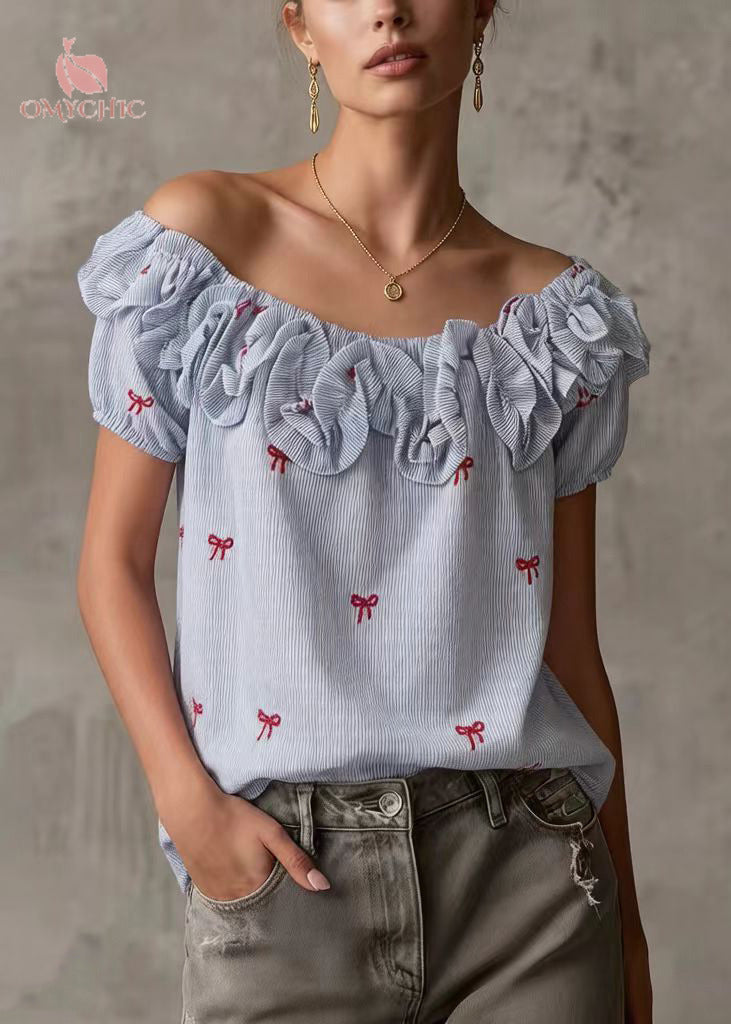 Boutique Blue Cold Shoulder Butterfly Cotton Tops Summer