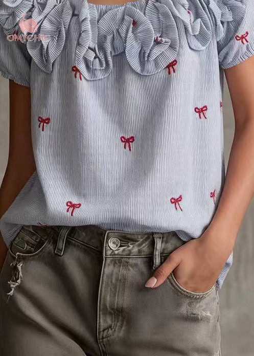 Boutique Blue Cold Shoulder Butterfly Cotton Tops Summer