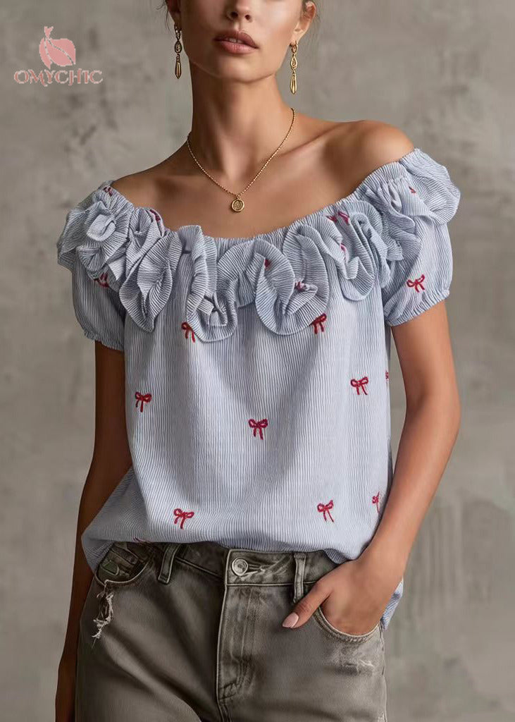 Boutique Blue Cold Shoulder Butterfly Cotton Tops Summer