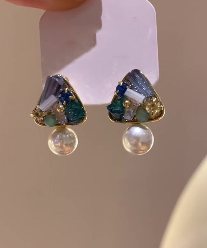 Boutique Blue Copper Alloy Triangle Pearl Stud Earrings