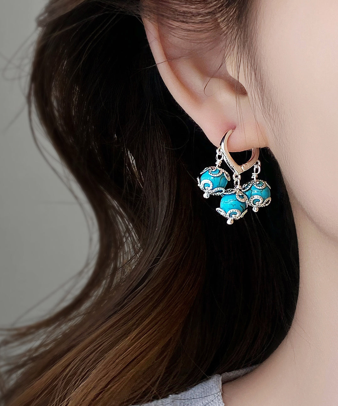 Boutique Blue Copper Overgild Turquoise Tassel Drop Earrings