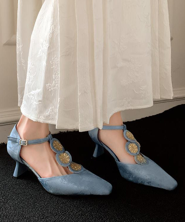 Boutique Blue Cowhide Leather High Heels Splicing Floral