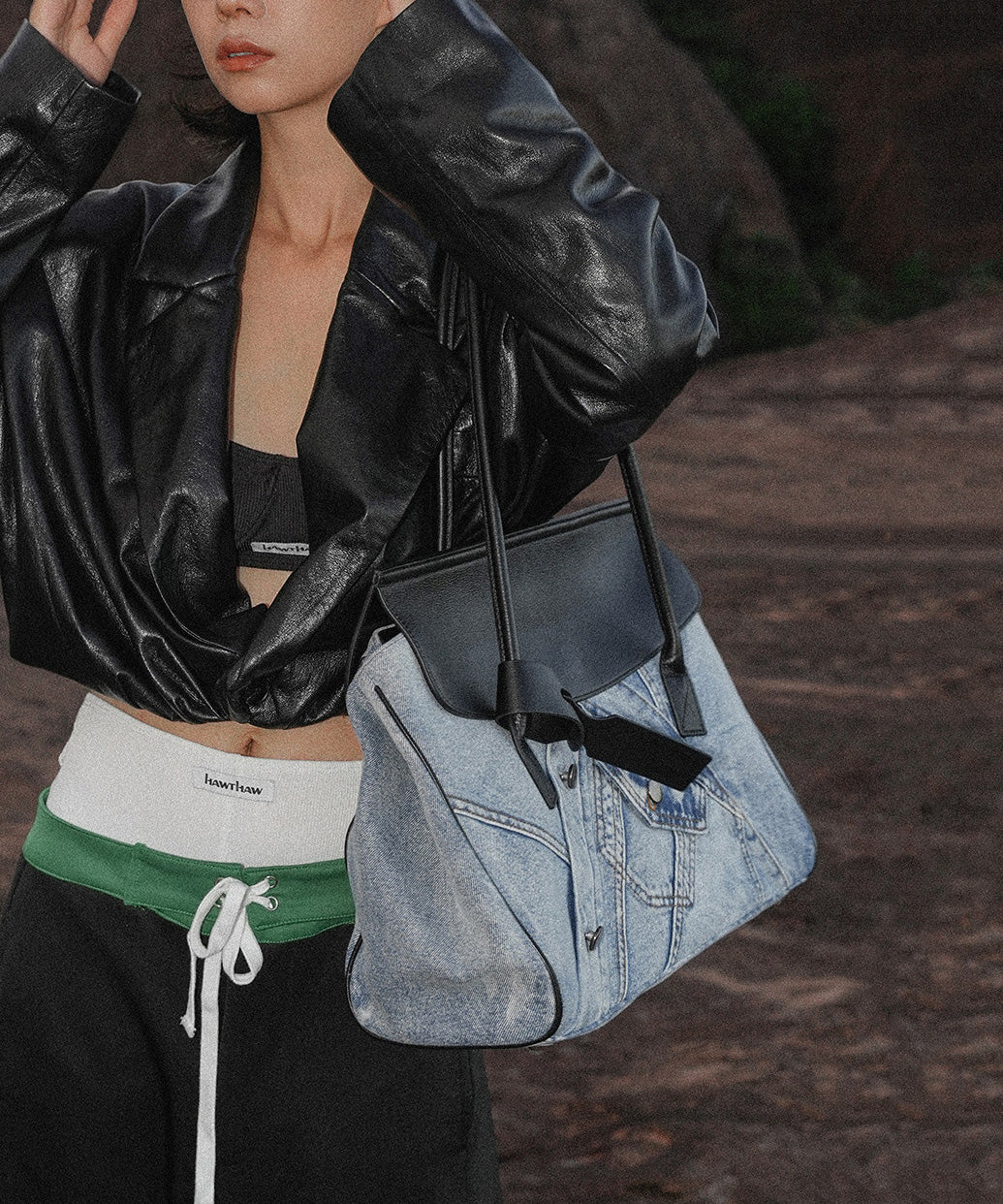 Boutique Blue Denim Patchwork Calf Leather Shoulder Bag