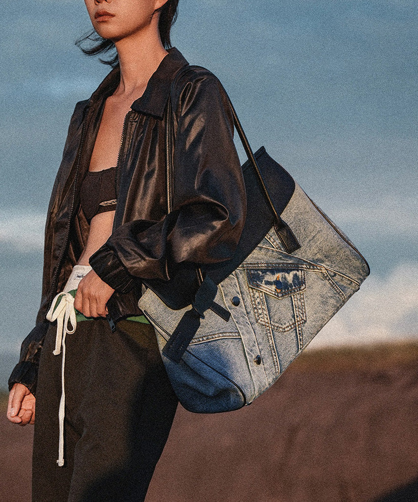 Boutique Blue Denim Patchwork Calf Leather Shoulder Bag