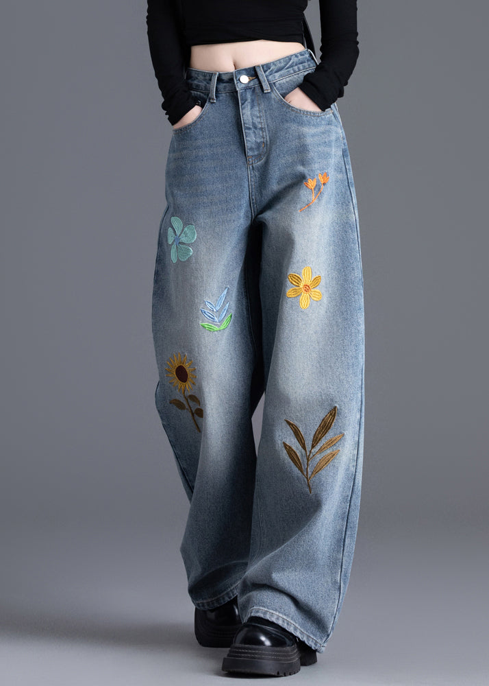 Boutique Blue Embroidered Floral Denim Straight Pants Spring