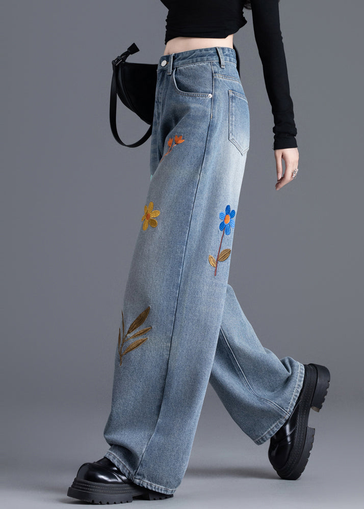 Boutique Blue Embroidered Floral Denim Straight Pants Spring