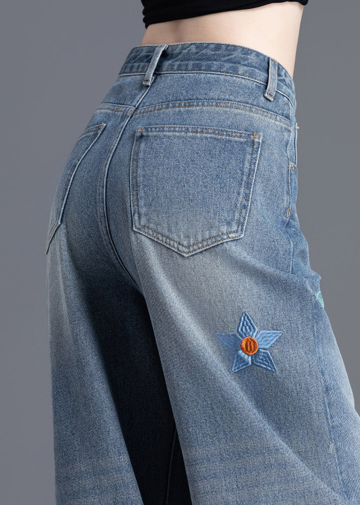 Boutique Blue Embroidered Floral Denim Straight Pants Spring
