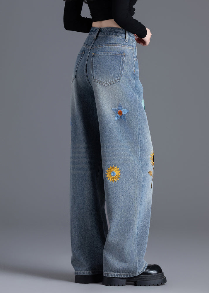 Boutique Blue Embroidered Floral Denim Straight Pants Spring