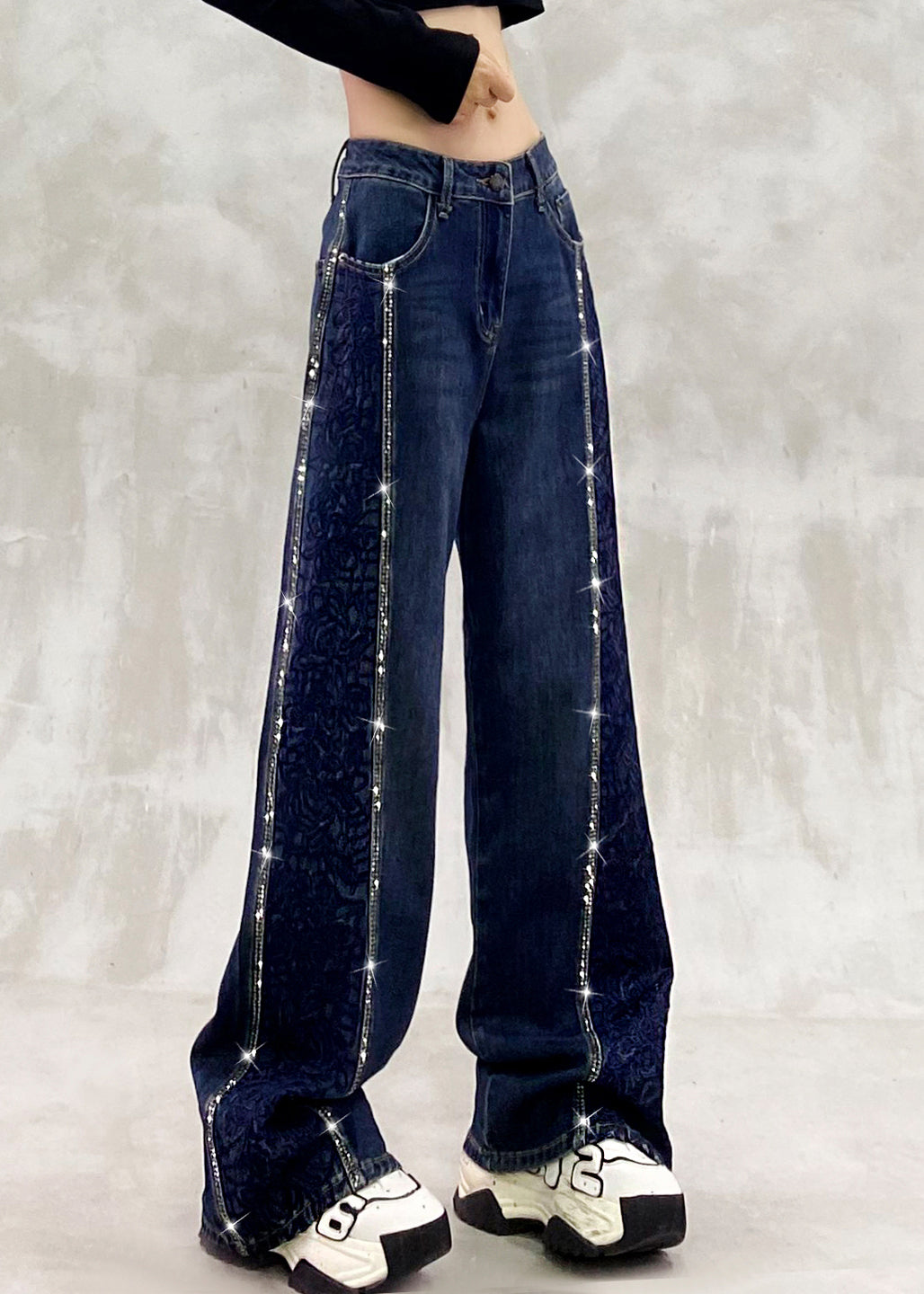 Boutique Blue Embroidered Zircon Patchwork Denim Pants Fall