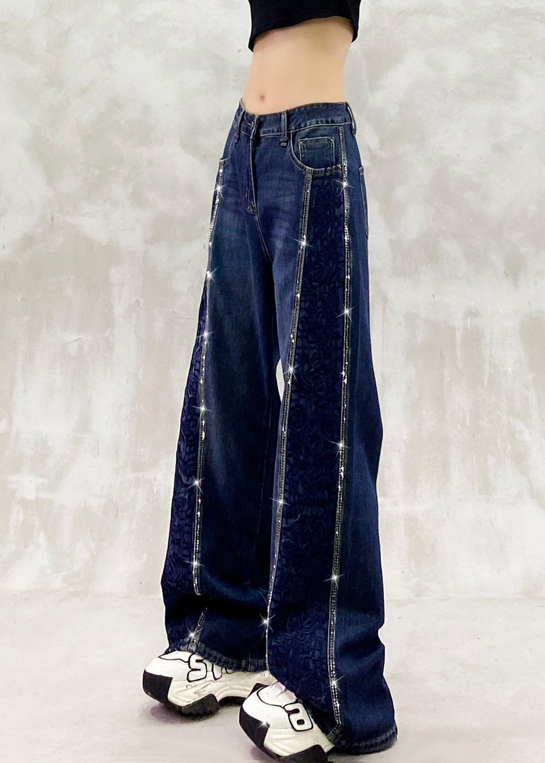 Boutique Blue Embroidered Zircon Patchwork Denim Pants Fall