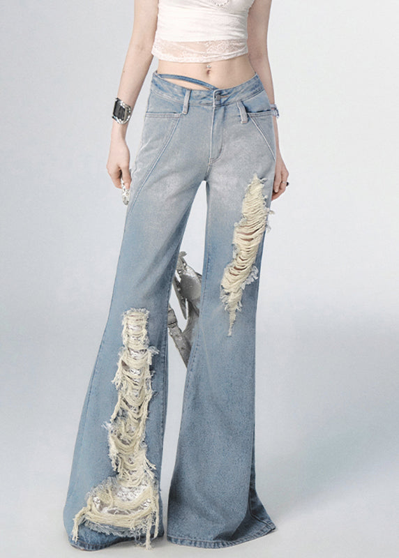 Boutique Blue High Waist Hole Flared Jeans Fall