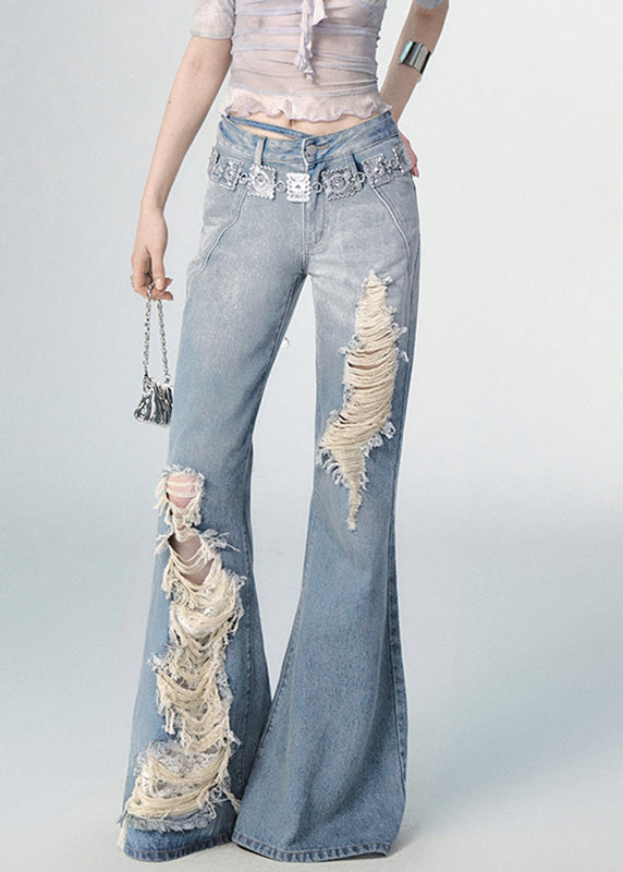 Boutique Blue High Waist Hole Flared Jeans Fall