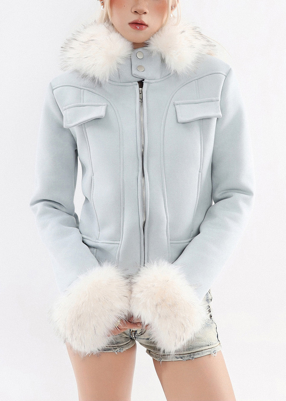 Boutique Blue Hooded Patchwork Faux Fur Warm Fleece Jacket Winter