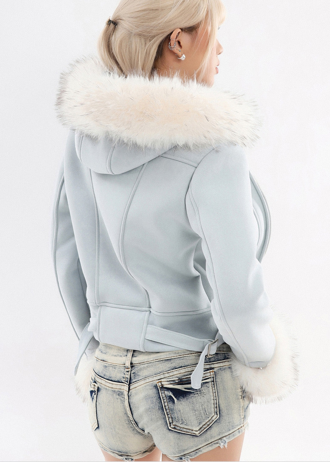 Boutique Blue Hooded Patchwork Faux Fur Warm Fleece Jacket Winter