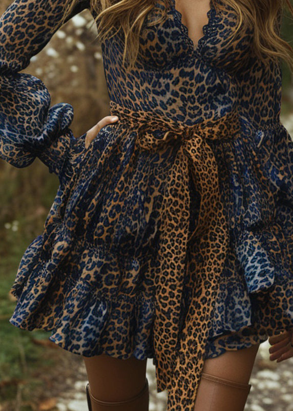Boutique Blue Leopard Wrinkled Patchwork Cotton Mini Dress Spring