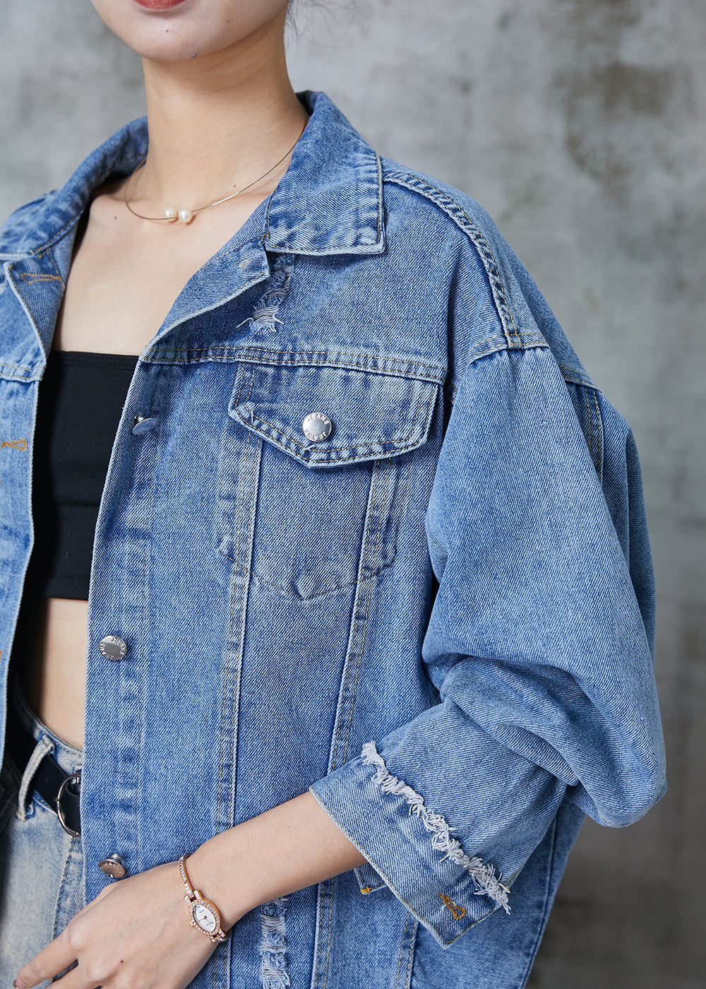 Boutique Blue Oversized 7 Rivet Denim Jackets Spring