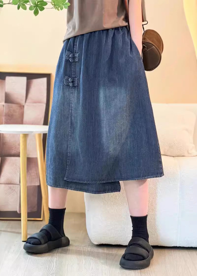 Boutique Blue Patchwork Chinese Button Denim Skirts Summer