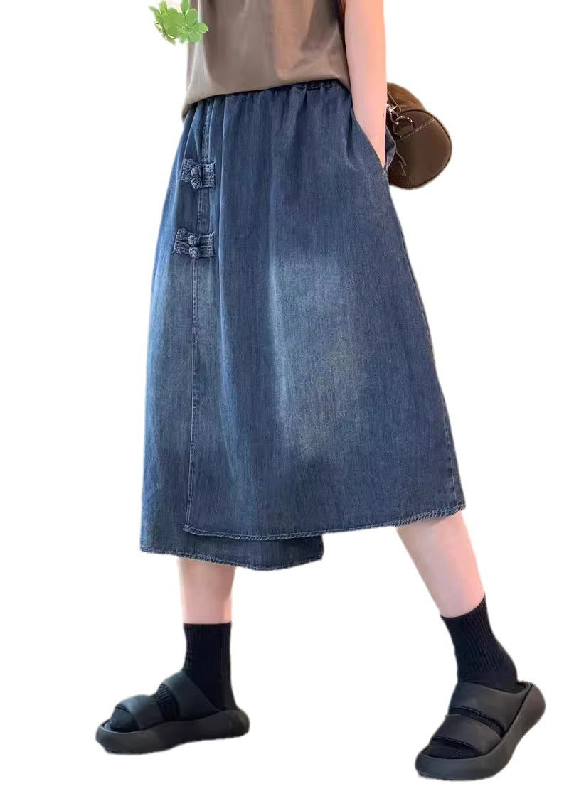 Boutique Blue Patchwork Chinese Button Denim Skirts Summer