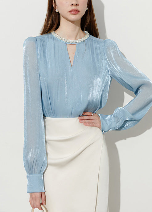 Boutique Blue Pearl Draping Silk Shitr Tops Spring - Omychic