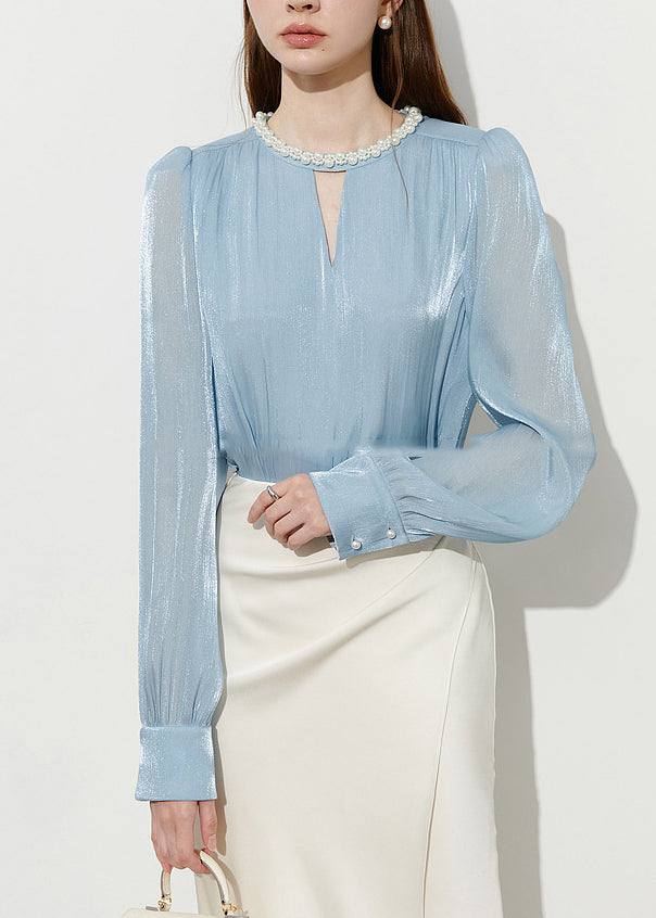 Boutique Blue Pearl Draping Silk Shitr Tops Spring - Omychic