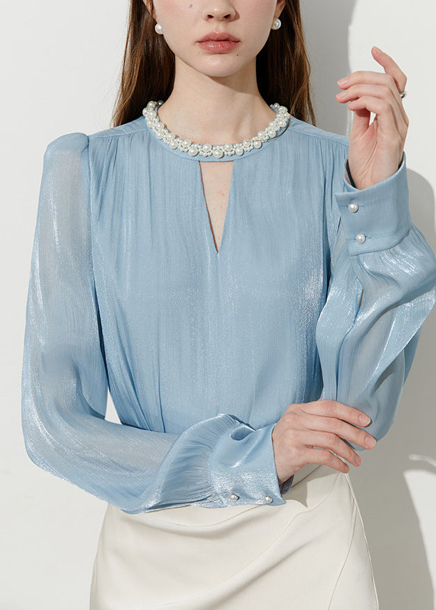 Boutique Blue Pearl Draping Silk Shitr Tops Spring - Omychic