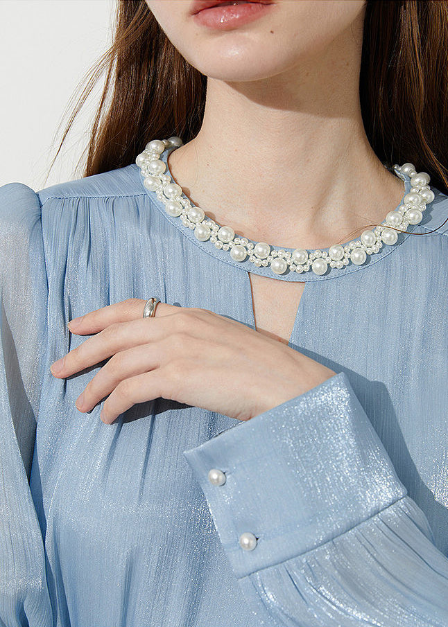 Boutique Blue Pearl Draping Silk Shitr Tops Spring - Omychic