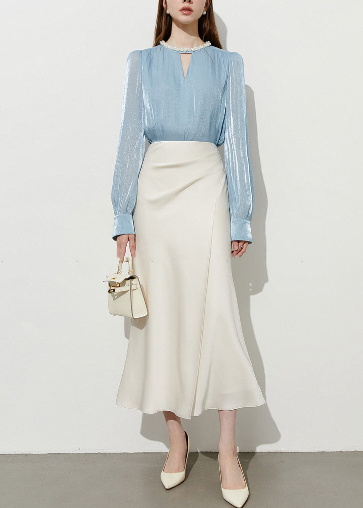 Boutique Blue Pearl Draping Silk Shitr Tops Spring - Omychic