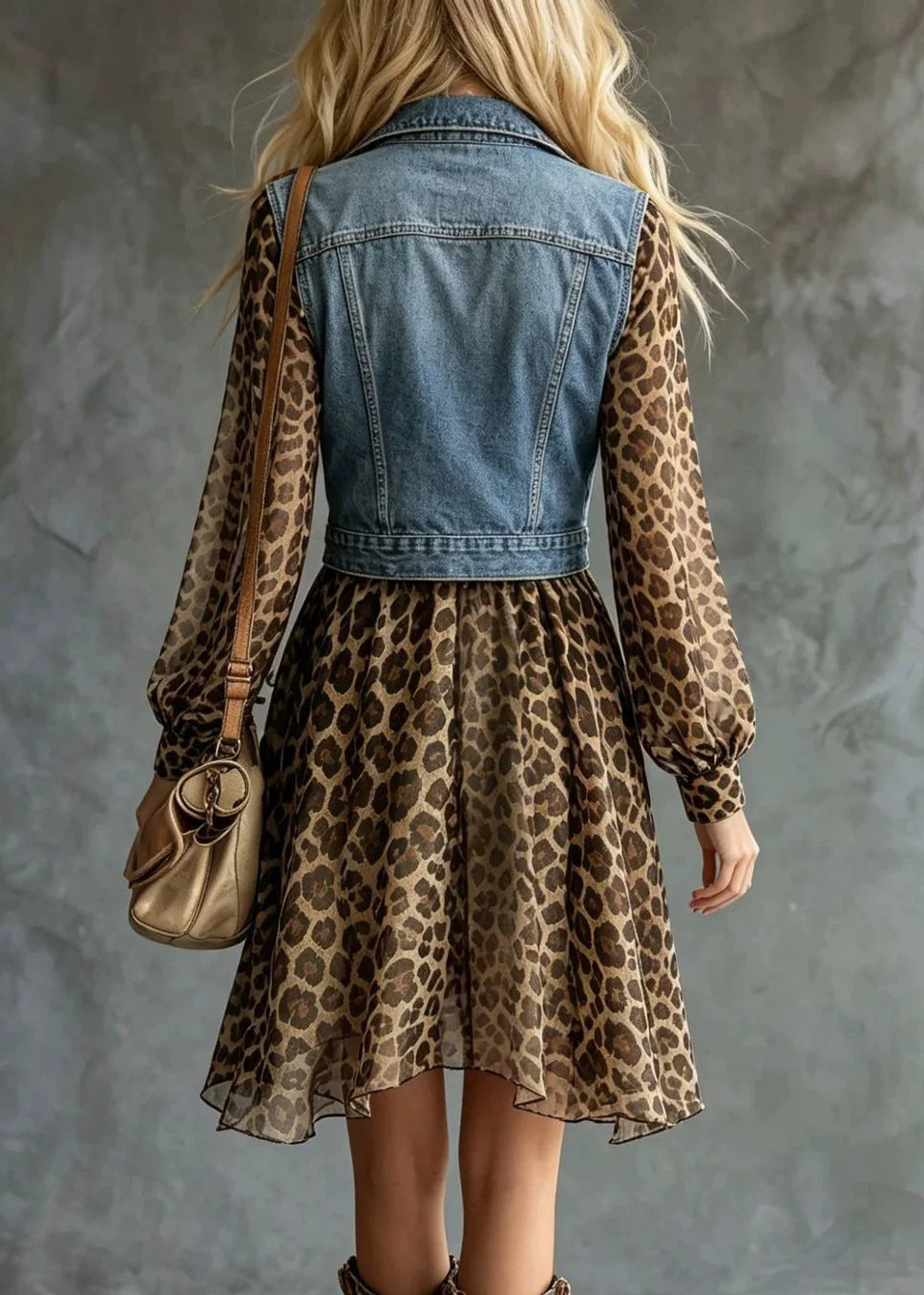 Boutique Blue Peter Pan Collar Denim Patchwork Holiday Chiffon Mid Dress Lantern Sleeve