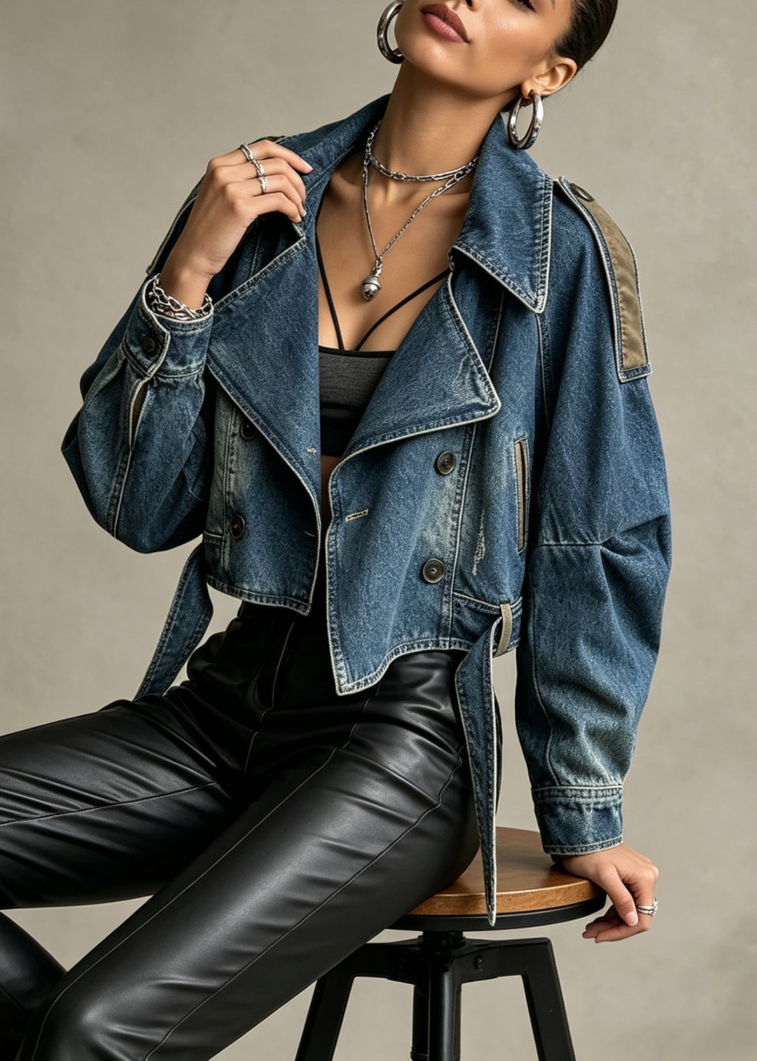 Boutique Blue Peter Pan Collar Patchwork Denim Coats Fall