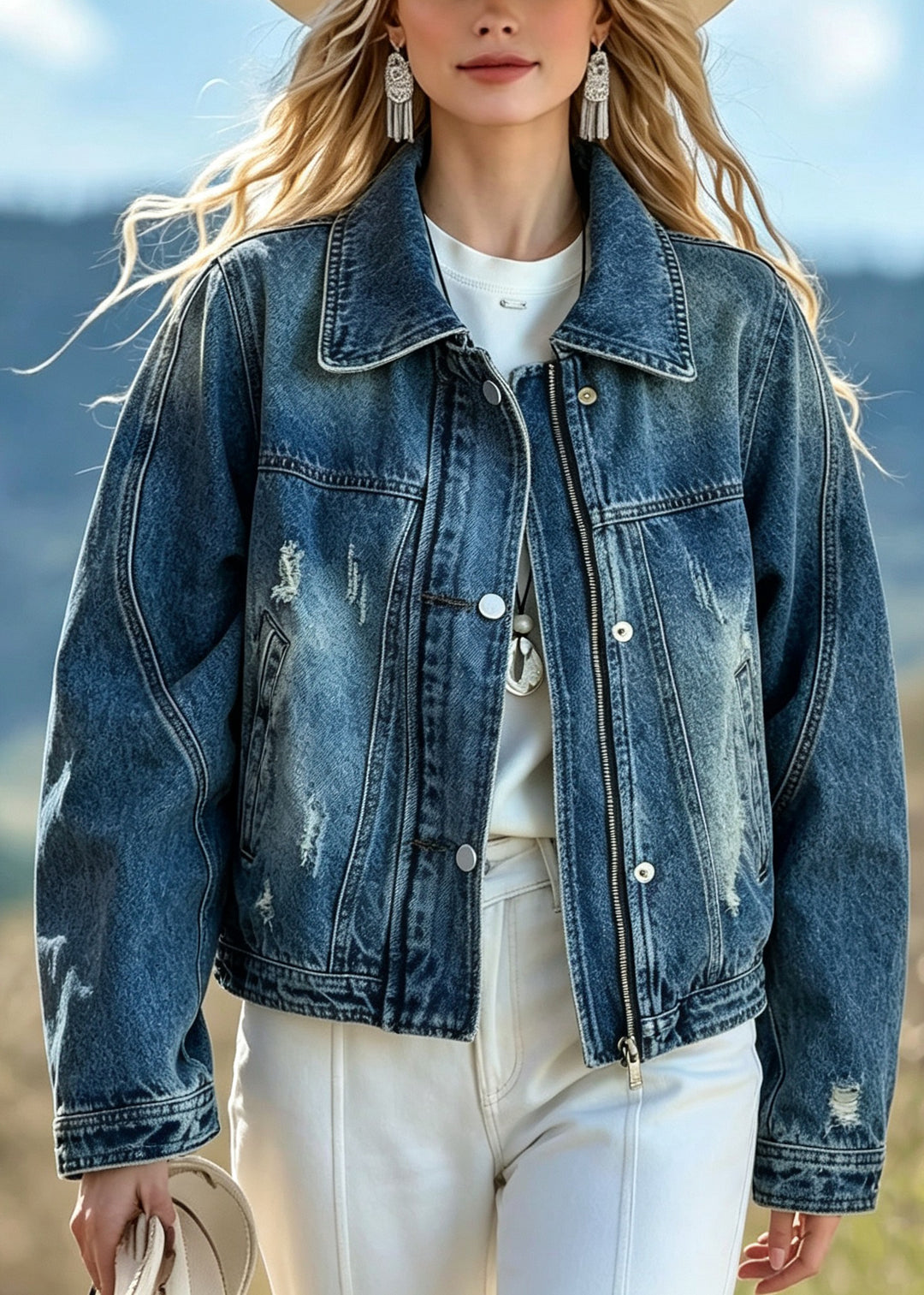 Boutique Blue Peter Pan Collar Pockets Patchwork Denim Jacket Fall