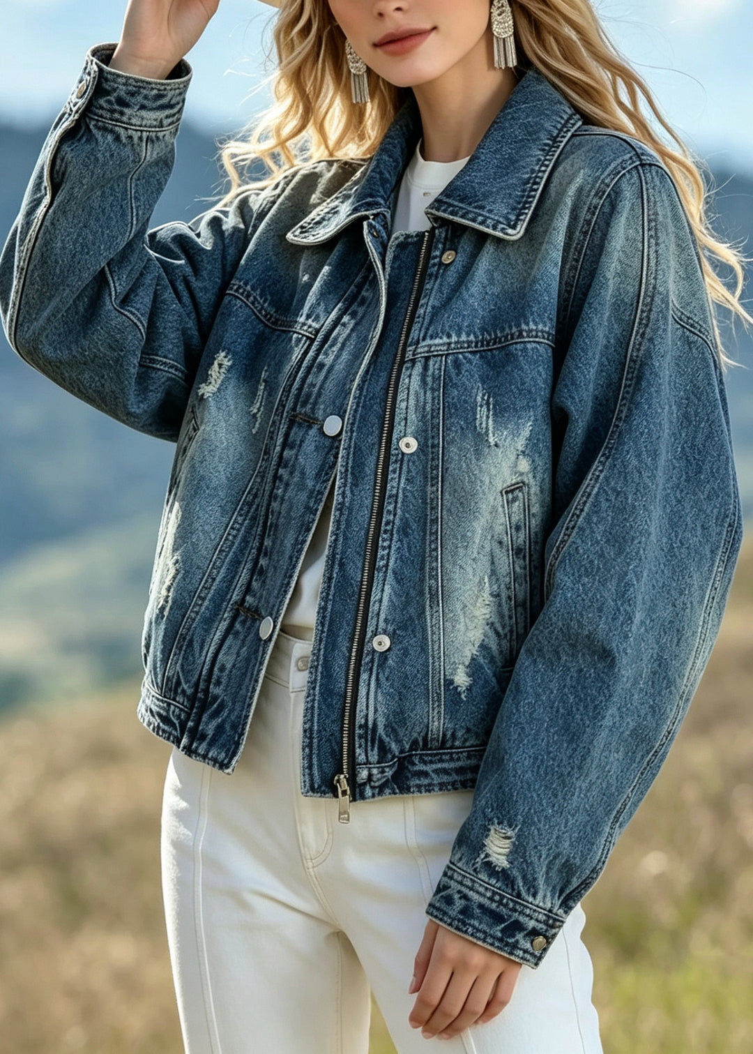 Boutique Blue Peter Pan Collar Pockets Patchwork Denim Jacket Fall