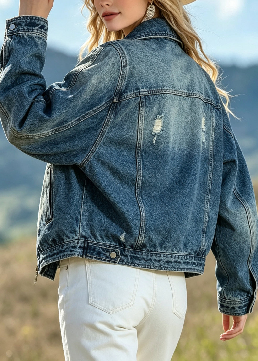 Boutique Blue Peter Pan Collar Pockets Patchwork Denim Jacket Fall